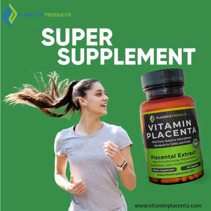 Vitamin Placenta supplement bottle with placental extract for men and women, promoting energy, skin health, and anti-aging benefits. Featured with a woman jogging, emphasizing fitness and holistic wellness.