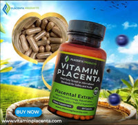 Thumbnail for Vitamin Placenta supplement bottle with 60 capsules, featuring placental extract for anti-aging, energy, and skin rejuvenation benefits. Promoted as ISO-certified and made in the USA, with natural ingredients for men and women.
